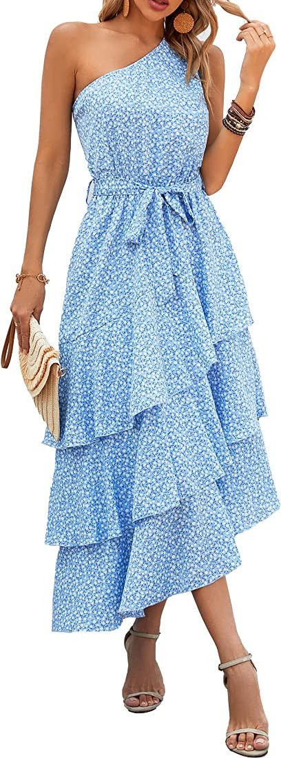 PRETTYGARDEN Women's Summer Floral Sundress Casual One Shoulder Tiered Ruffle Flowy Midi Beach Bo... | Amazon (US)