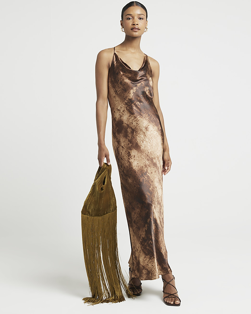 Brown satin cross back slip midi dress | River Island (UK & IE)