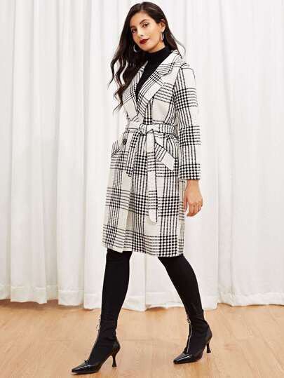 Self Tie Plaid Pocket Side Coat | ROMWE