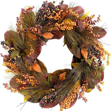 TEMPUS 20 inch Thanksgiving Wreath Magnolia Leaves with Pine Needle Yellow Berry Wreath for Front... | Amazon (US)
