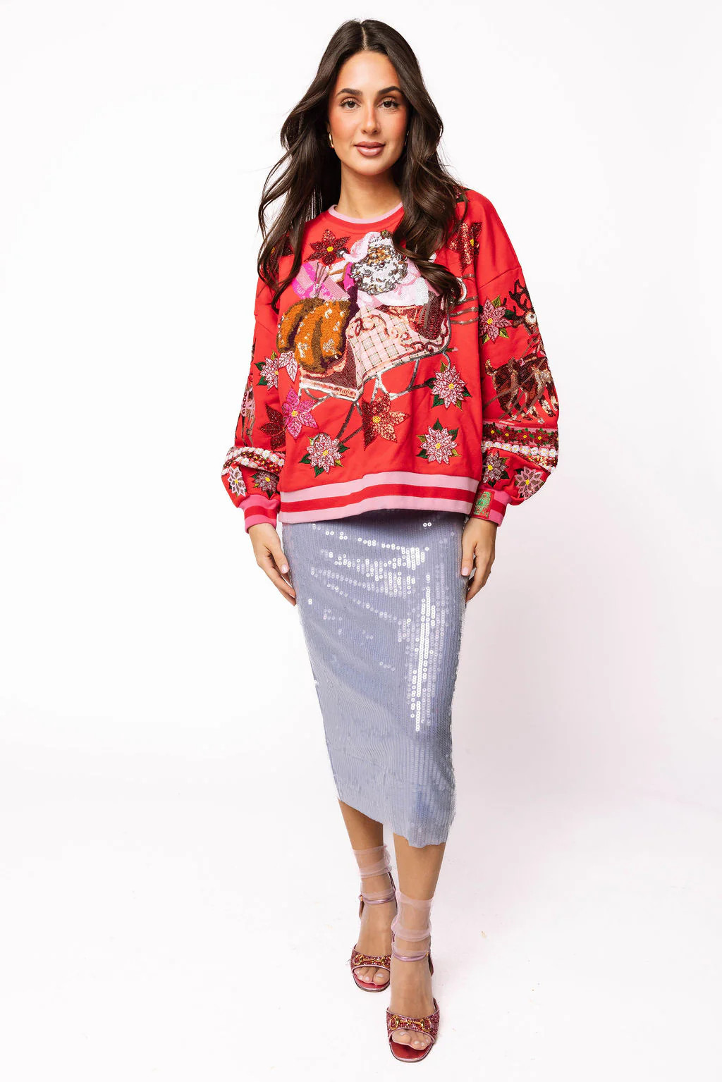 Red & Pink Vintage Poinsettia Santa Sweatshirt | Queen of Sparkles