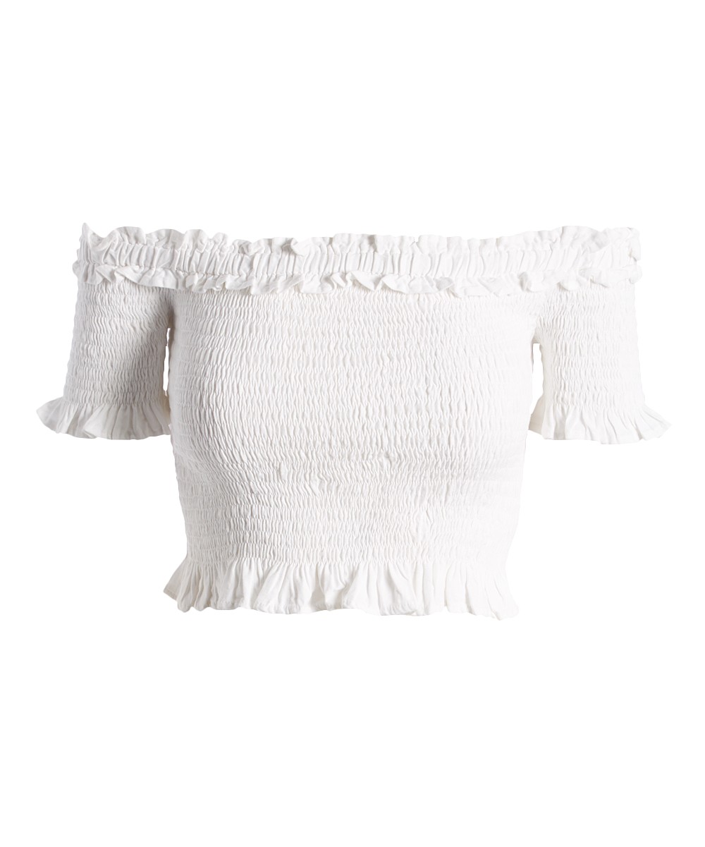 White Shirred Off-Shoulder Crop Top - Women | zulily