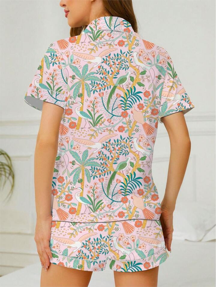 Plant Print Colorblock Piping Comfortable Pajama Set | SHEIN