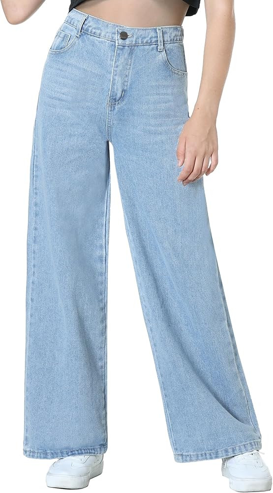EXARUS Girls Jeans Pants Wide Leg/Flare/Skinny Denim Pant Ripped High Waist Elastic Band Casual w... | Amazon (US)