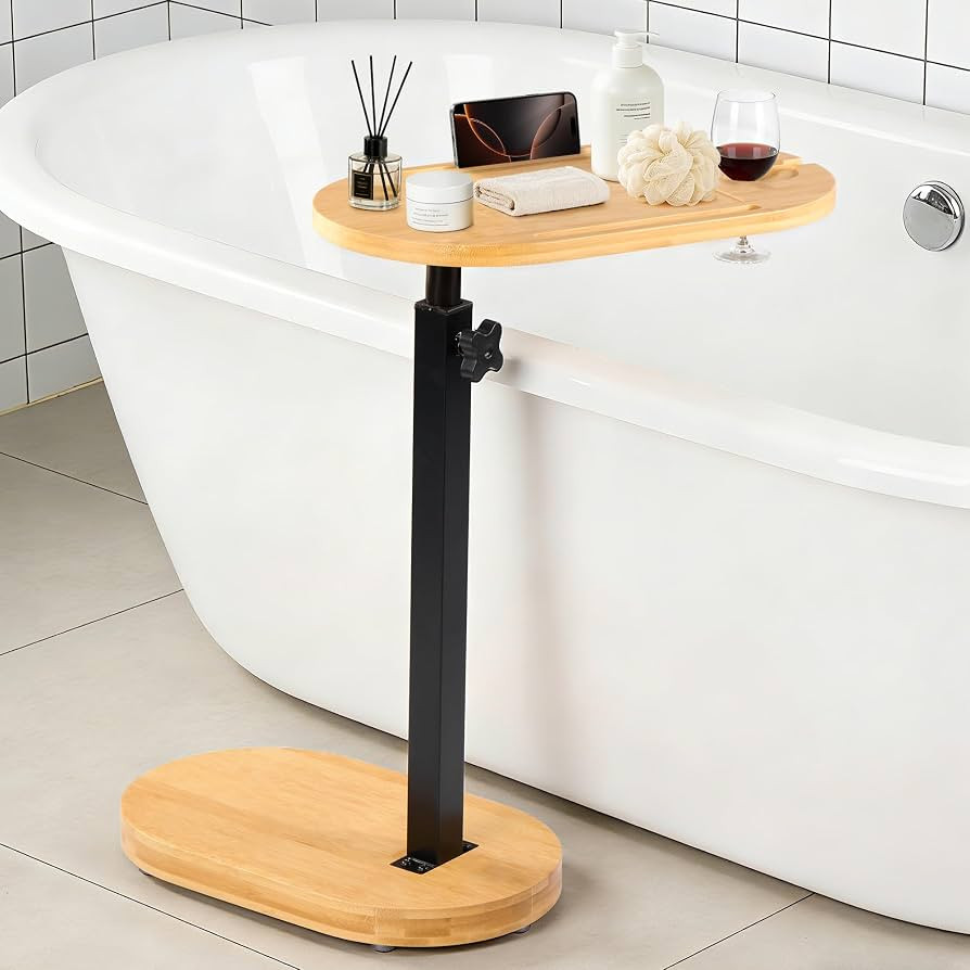 Bamboo Bathtub Side Table, 360\u00b0 Swivel Height Adjustable Freestanding Bath Caddy Tray Organi... | Amazon (US)