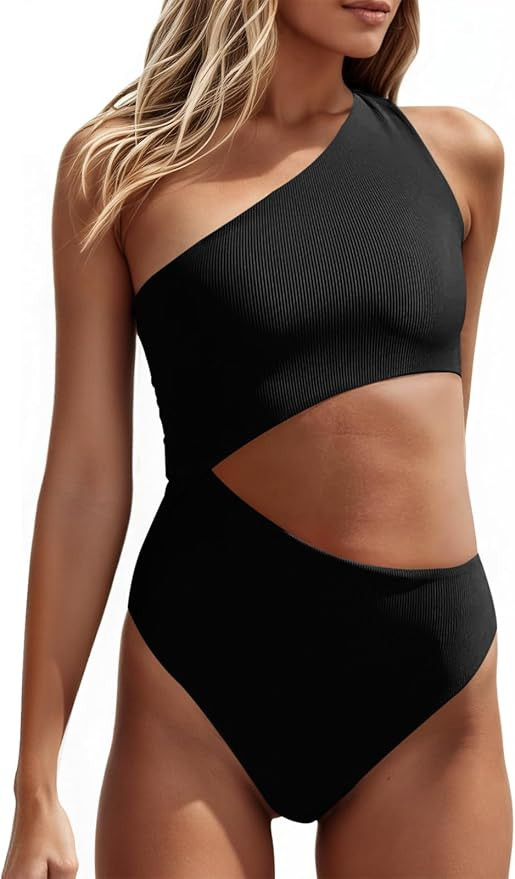 Women's One Piece Ribbed Swimsuit One Shoulder Cutout Swimwear Sexy Bathing Suit | Amazon (US)