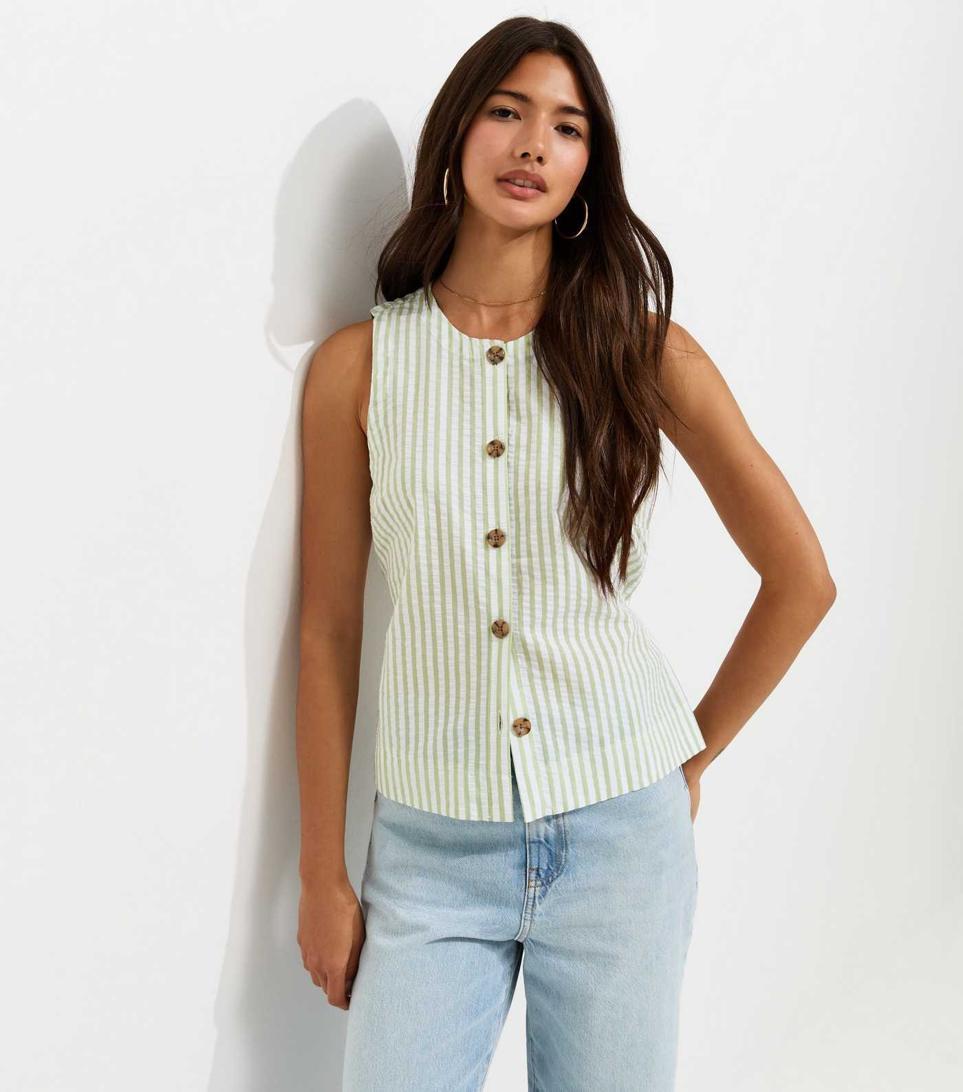 Green Cotton Seersucker Stripe Button Front Sleeveless Top | New Look | New Look (UK)
