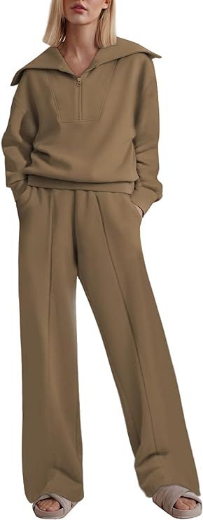 Aleumdr Two Piece Outfits Half Zip Sweatshirt Sweatsuit Lounge Sets for Women Matching Set Wide L... | Amazon (US)