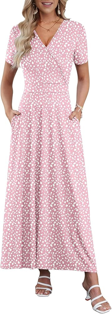 AUSELILY Maxi Dresses for Women Ankle Length Floral Print Beach Long Flowy Dress with Pockets | Amazon (US)