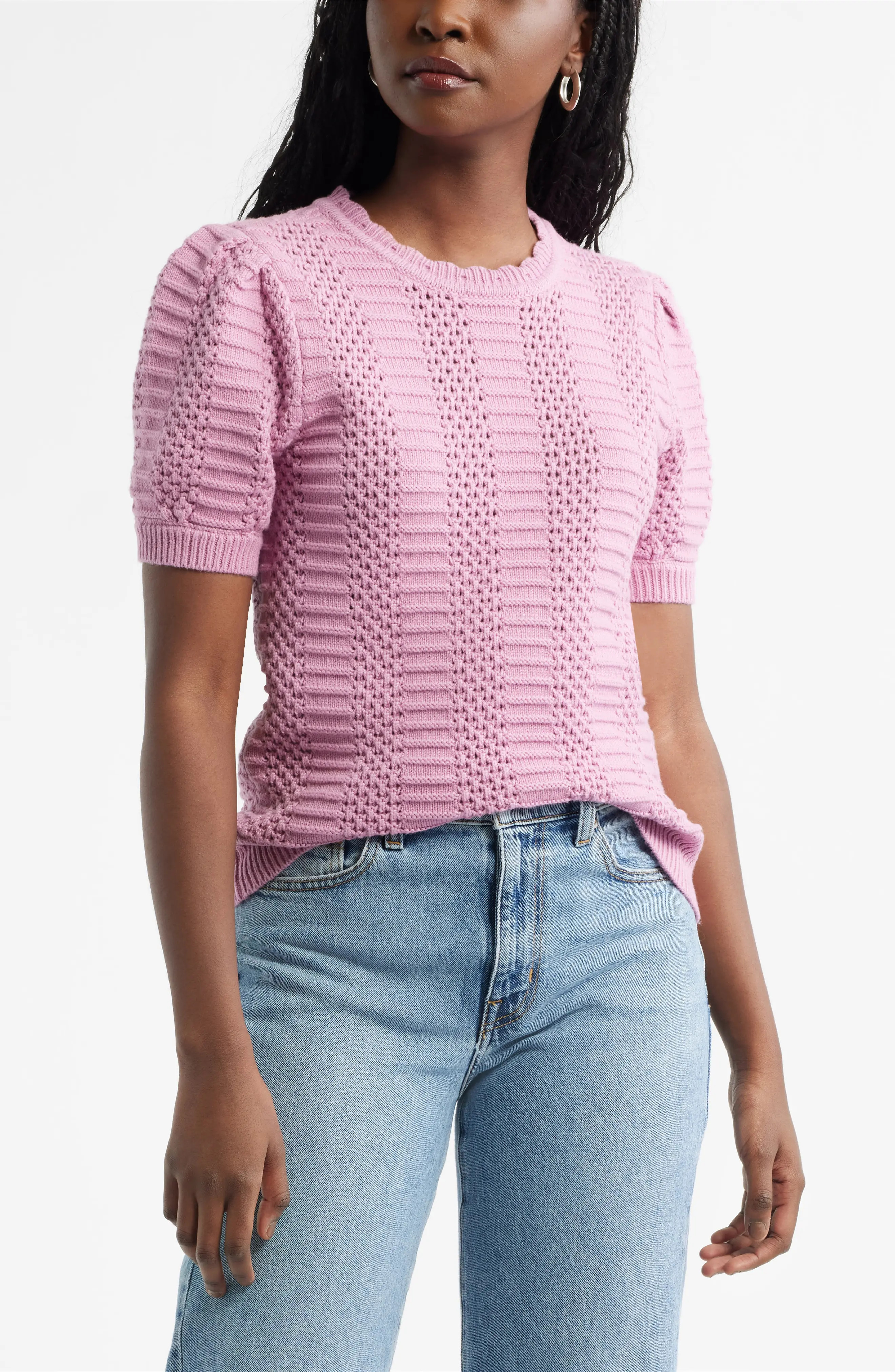 Mixed Stitch Short Sleeve Pima Cotton & Merino Wool Sweater (Women) | Nordstrom | Nordstrom