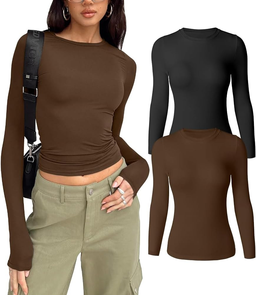 HYZ Women's Casual Long Sleeve Crew Neck Slim Fit Going Out Seamless Two Piece Tops Tshirt | Amazon (US)