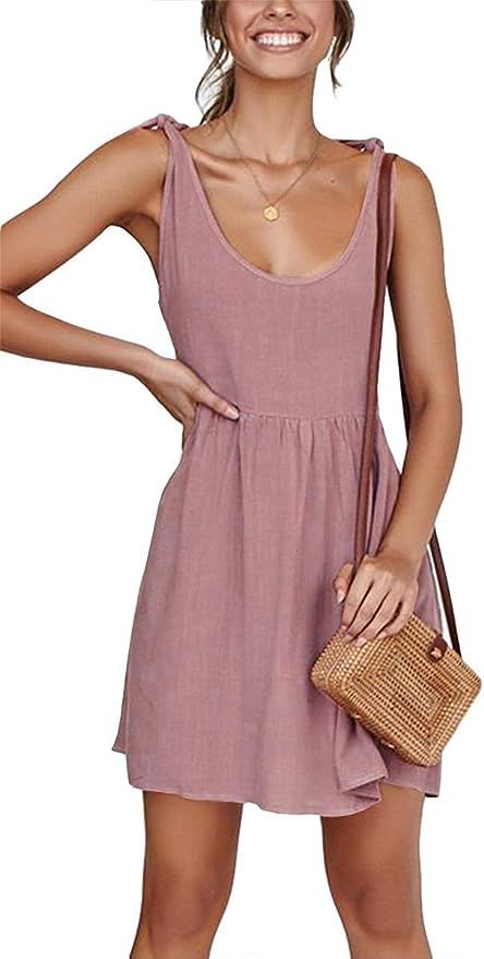 CNJFJ Womens Summer Shoulder Tie Strap Babydoll Dress Casual Scoop Neck A-Line Skater Swing Mini ... | Amazon (US)