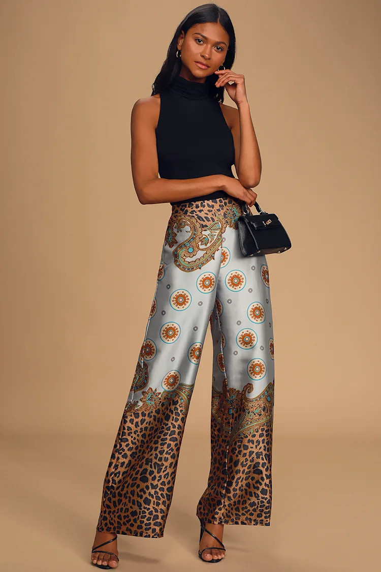 Island Getaway Blue Multi Scarf Print Satin Wide-Leg Pants | Lulus (US)
