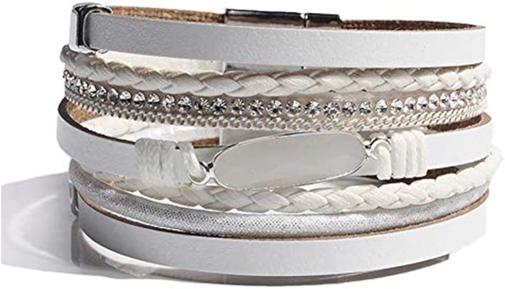 Leather Wrap Bracelet for Women - Handmade Wrap Clasp Bangle Bracelet with Crystal Wristbands Jew... | Amazon (US)