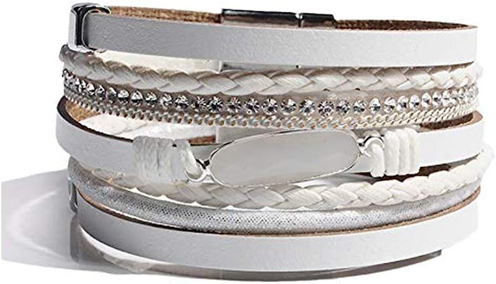 Leather Wrap Bracelet for Women - Handmade Wrap Clasp Bangle Bracelet with Crystal Wristbands Jew... | Amazon (US)