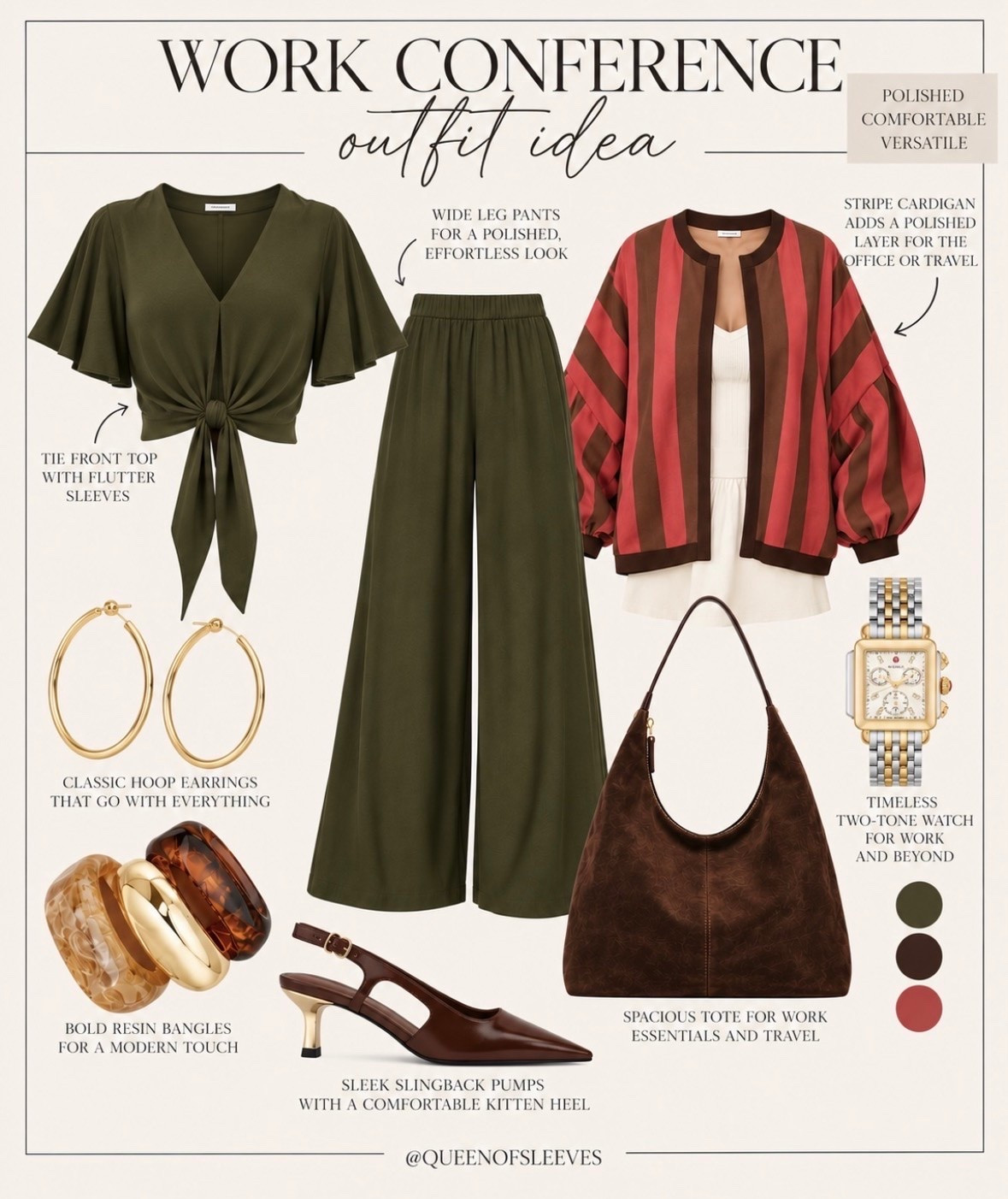 Work conference outfit idea 🍂 

Fall workwear outfit idea for a work conference or office. Olive green wide leg pants and tie-front blouse styled with a striped cardigan, brown suede work tote, slingback kitten heels and gold accessories. A polished, comfortable business casual outfit for fall.

#fallworkwear #workwear #workoutfit #conferenceoutfit #businesscasual

#LTKMidsize #LTKWorkwear #LTKSeasonal