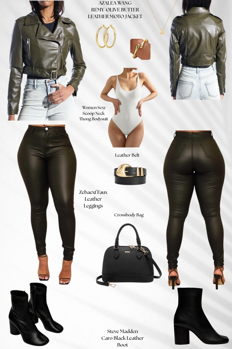 Olive is the new neutral 💚
Olive leather moto jacket + white scoop-neck bodysuit + olive faux leather leggings + statement belt + black crossbody + black heeled booties. 

#LTKgrwm #LTKSaleAlert #LTKootd
