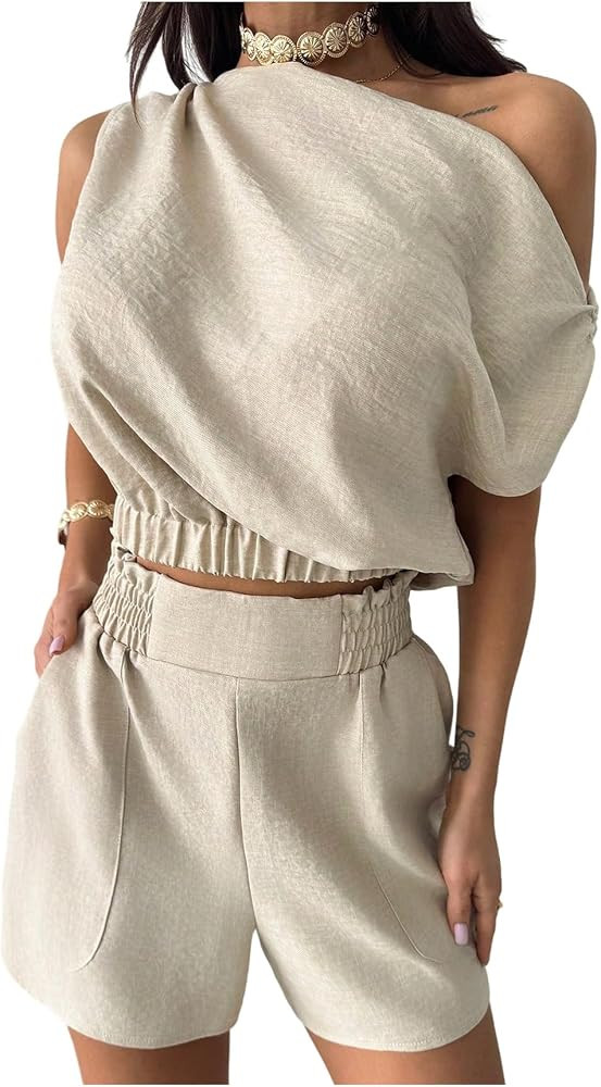 OYOANGLE Women's 2 Piece Outfits Off the Shoulder Sleeveless Crop Blouse and Shorts Lounge Set Ro... | Amazon (US)