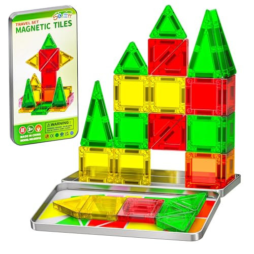 SKTMYY Mini Magnetic Tiles,Travel Magnetic Tiles with Iron Box,Car Airplane Travel Essentials for Kids Ages 3+,Creative STEM Magnet Toys Birthday Gift for Boys & Girls | Amazon (US)