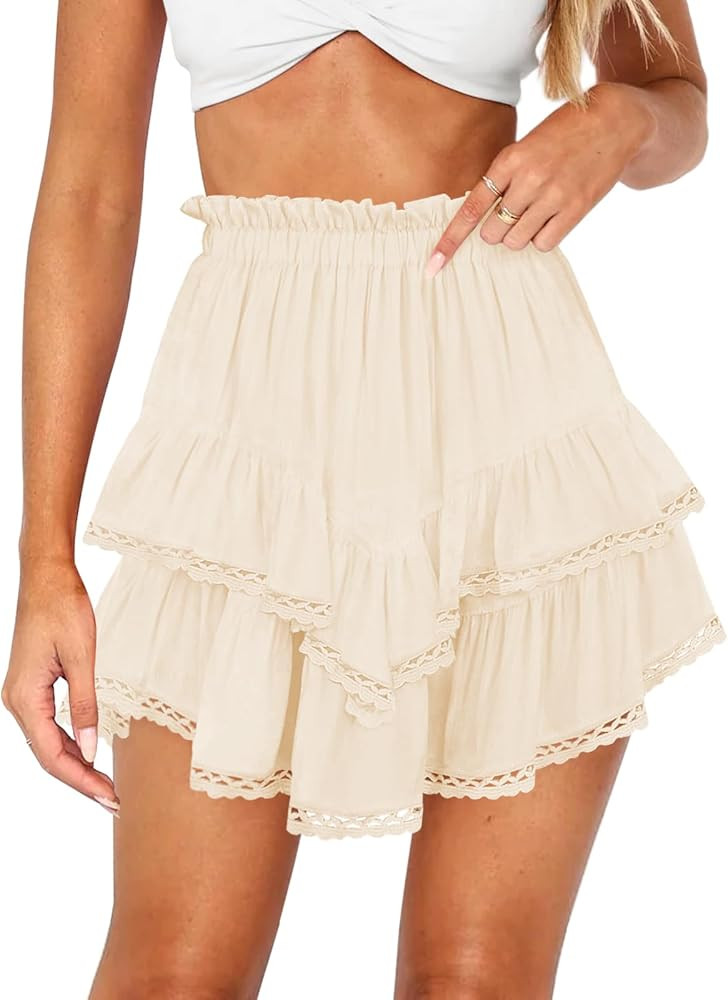 Women's High Waist Ruffle Mini Skirt Lace Trim Flowy Boho Skorts for Women Flared Tiered Golf Ten... | Amazon (US)