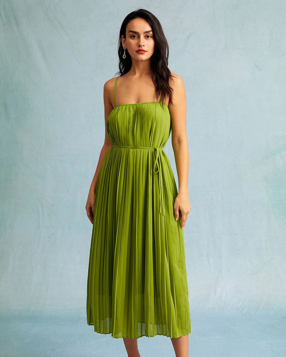 The Green Waist Tie Pleated Straight Midi Dress | rihoas.com