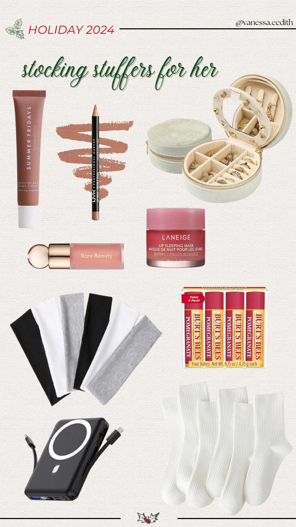 Stocking stuffers for her

Mini jewelry box
Natural lip liner 
Lip mask 
Headbands 
Portable phone charger
Cozy socks
Chapstick set


#LTKFindsUnder50 #LTKHoliday #LTKGiftGuide