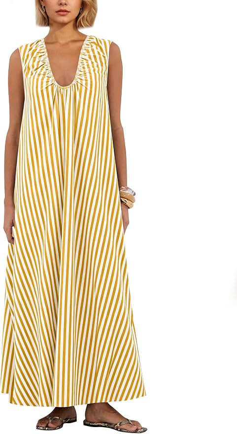 Women Flowy Maxi Dress Ruched Sleeveless Long Dress Vacation Fashion Summer Casual Loose Fit Sund... | Amazon (US)