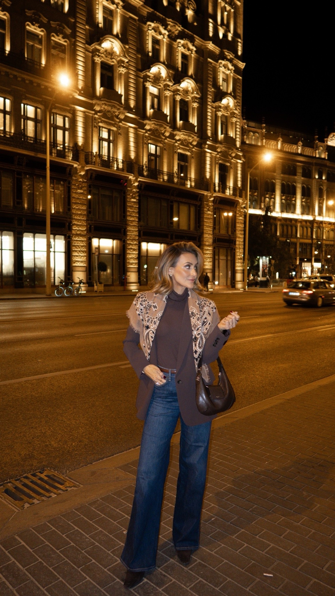 River cruise and dinner look of the day. Wearing the prettiest @lagence turtleneck in case the restaurant is warm. Feeling comfy chic with my new @Veronica Beard jeans size 25, blazer 2 and top XS