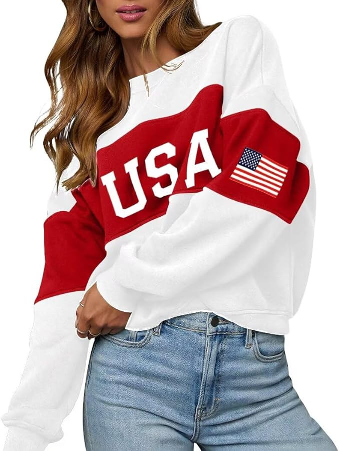 LEEDYA Oversized American Flag Sweater Women USA Crewneck Sweatshirt 4th of July Outfit Long Slee... | Amazon (US)