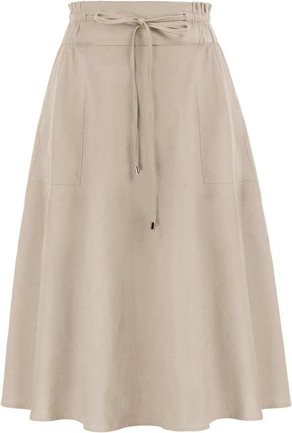 KANCY KOLE Women Casual Cotton Linen Skirts Frill Tie Waist A-Line Midi Skirt with Pockets S-XXL | Amazon (US)