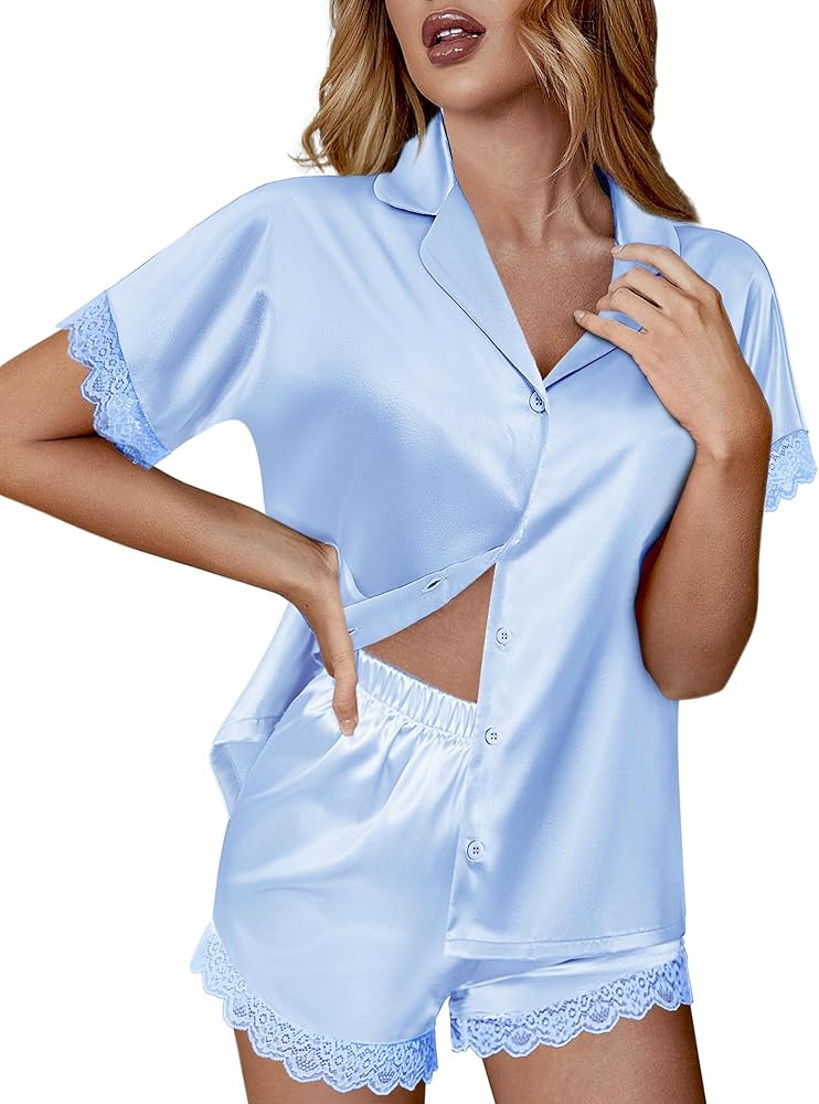Ekouaer Womens Lace Satin Pajama Set Button Down Pj Shorts Set Bridesmaids Getting Ready Outfits ... | Amazon (US)