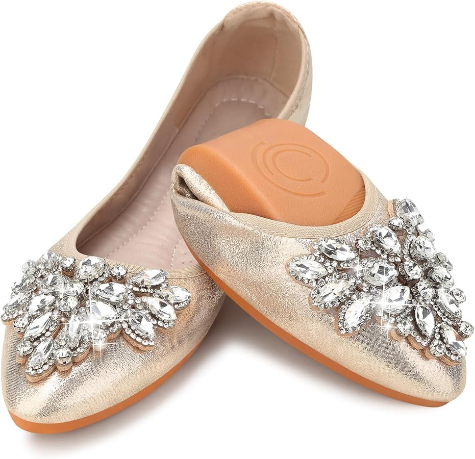 KUNWFNIX Women Ballet Flats Rhinestone Wedding Ballerina Shoes Foldable Sparkly Comfort Slip on F... | Amazon (US)