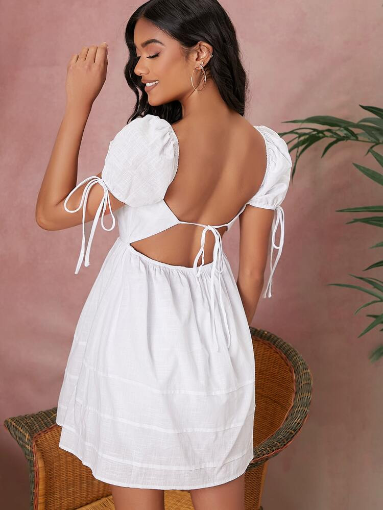 SHEIN Square Neck Puff Sleeve Tie Back Dress | SHEIN