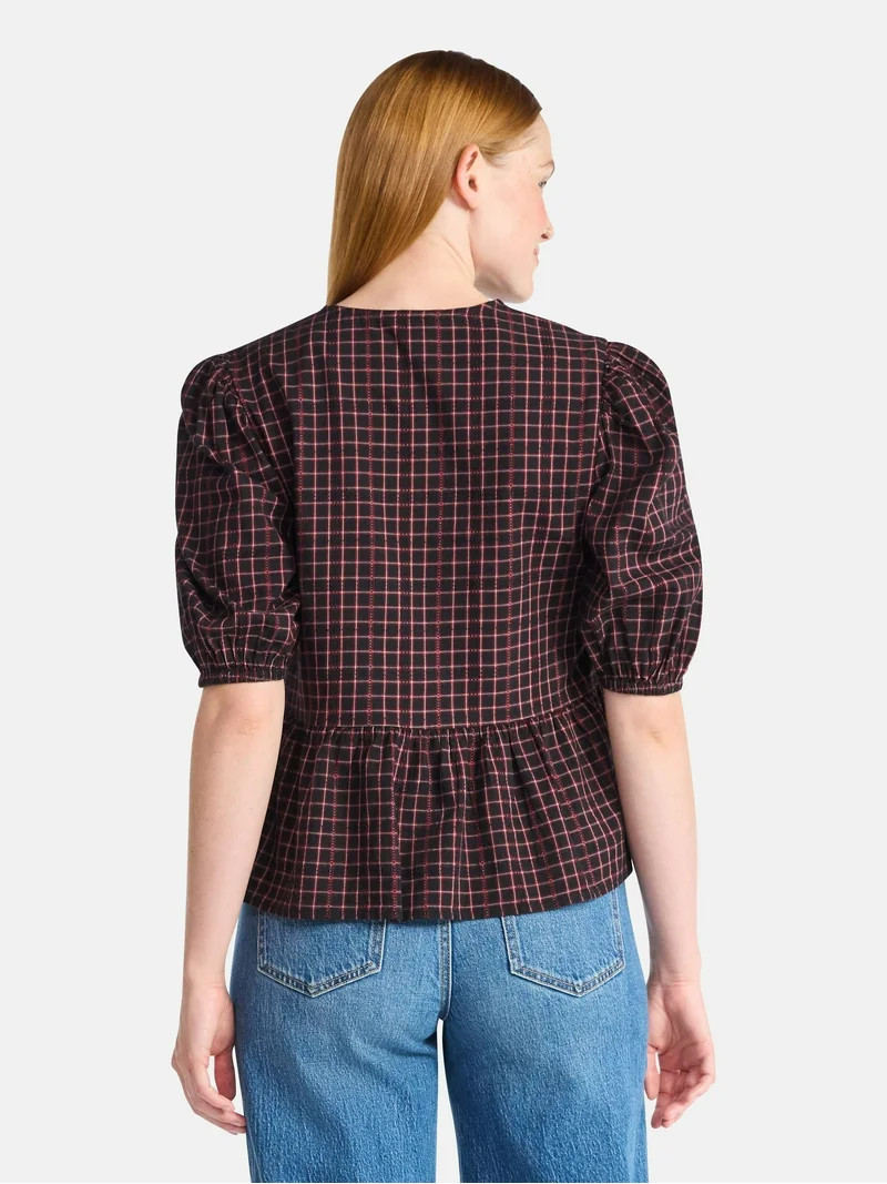Time and Tru Women's Tie Front Peplum Top with Short Puff Sleeves, Size XS – XXXL | Walmart (US)