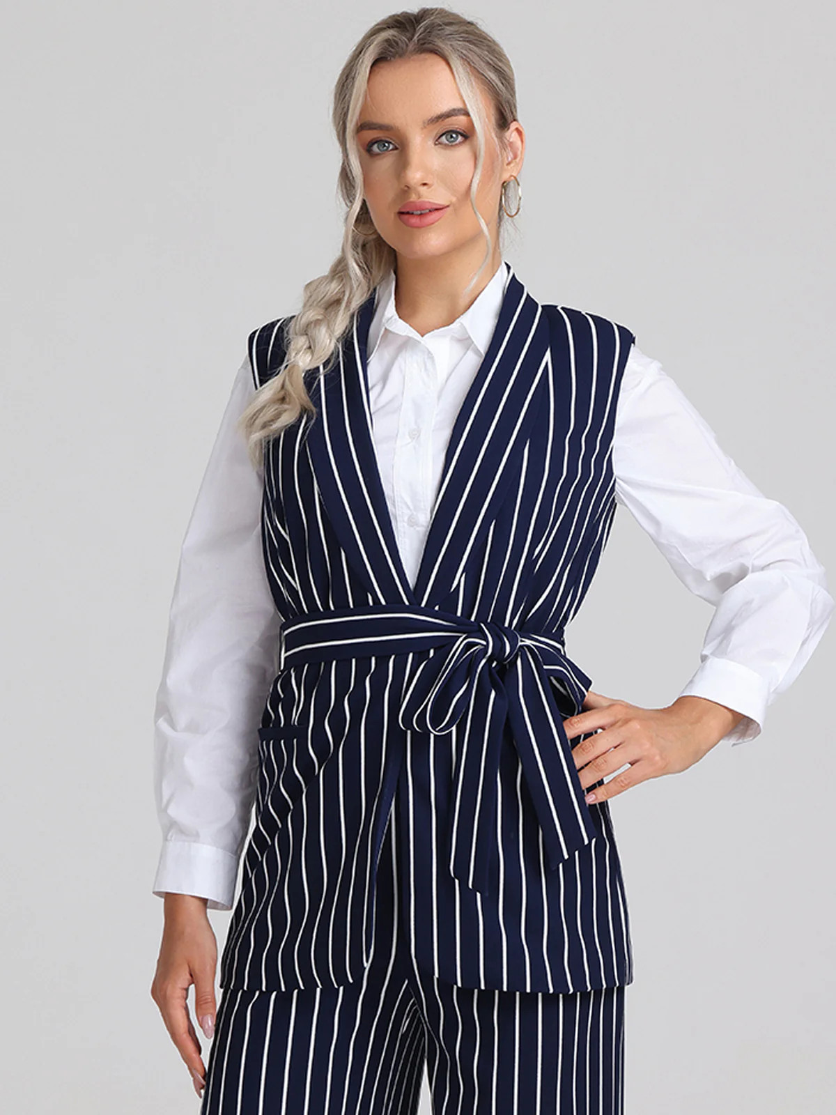 89th & Madison Belted Stripe Sleeveless Blazer | 89th + Madison