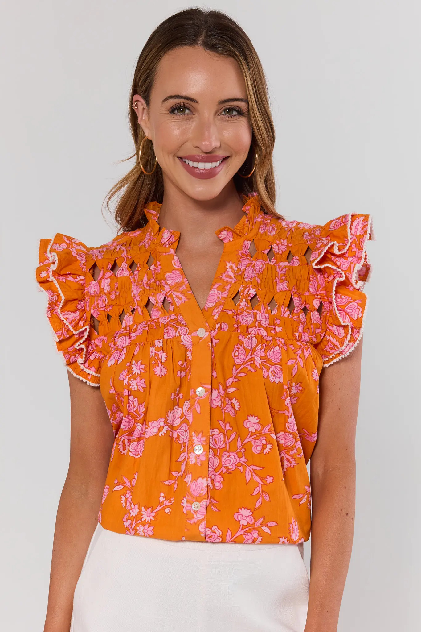 Orange Floral Flutter Sleeve Top by THML | Avara