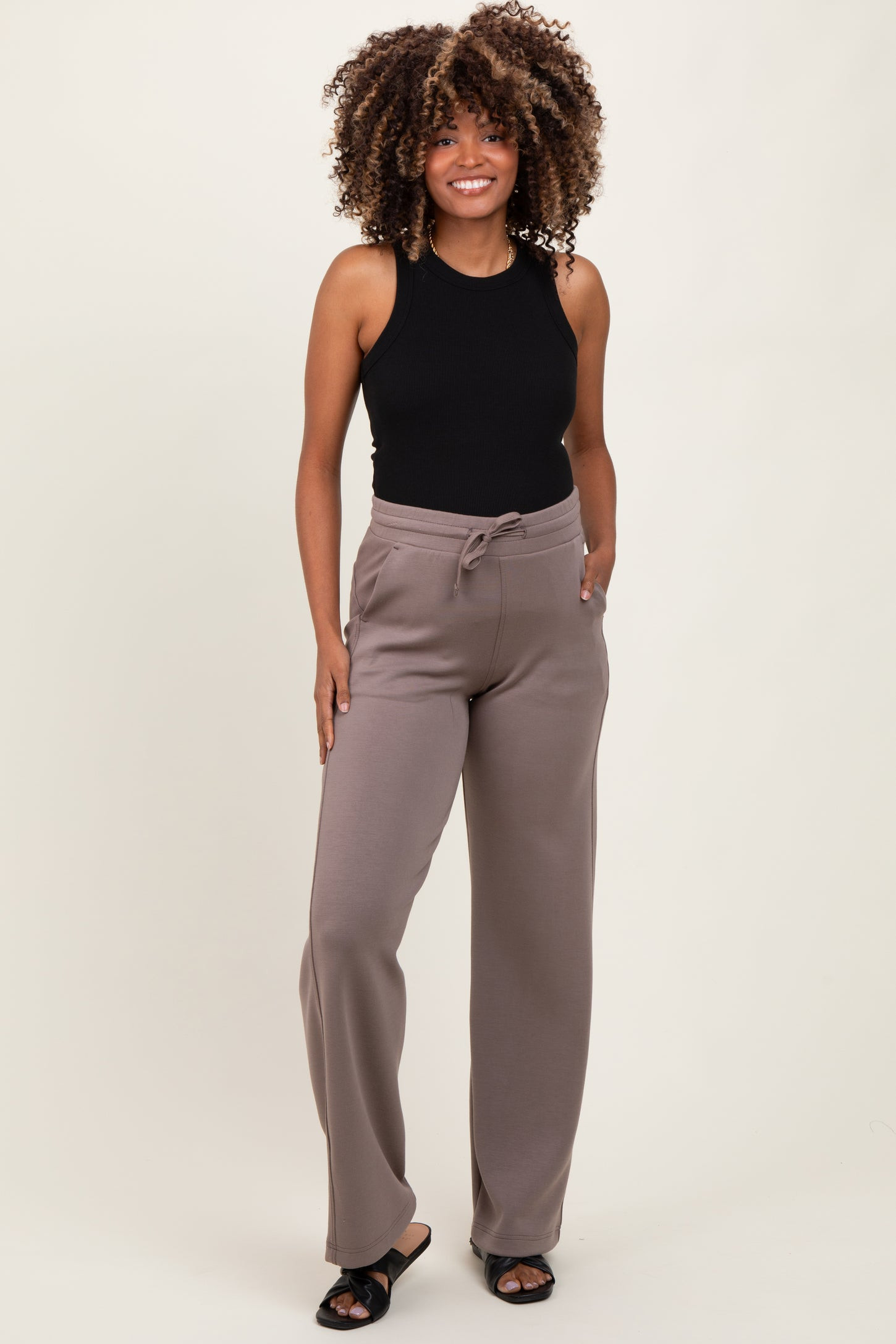 Mocha Straight Leg Drawstring Maternity Sweatpants | PinkBlush Maternity