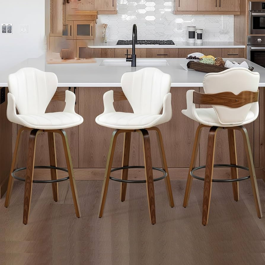30" Swivel Bar Stools Set of 3,Mid Century Modern Bar Height Bar Stools,White Upholstered Faux Leather Kitchen Stools with Arms and Fishtail-Shaped Back,Walnut Wood Frame Home Bar Chairs | Amazon (US)
