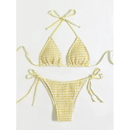Women s Gingham Smocked Triangle Tie Side Bikini Swimsuit S(4) Yellow Cute F22013D | Walmart (US)