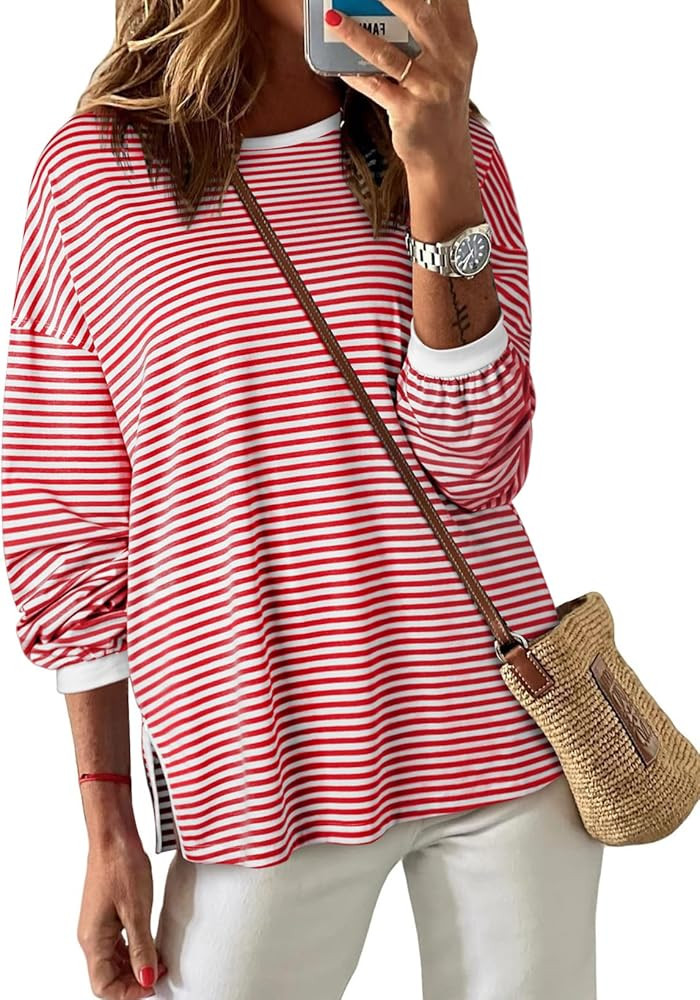 EVALESS Long Sleeve Shirts for Women Trendy Lightweight Crew Neck Striped Tee Shirt Top | Amazon (US)