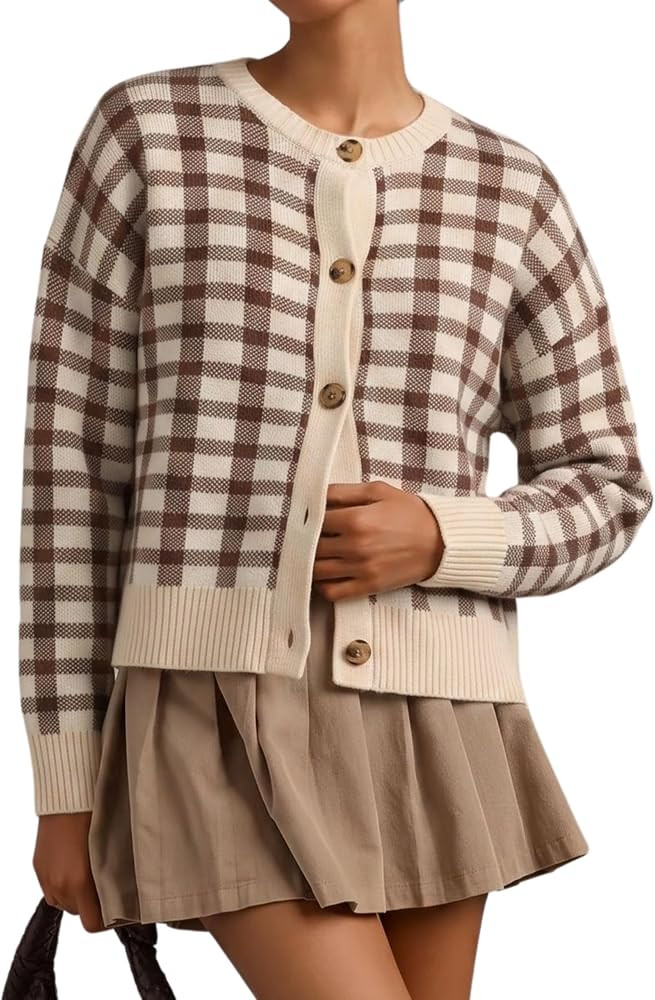 Daacee Women Plaid Cardigan Sweater Fall Button Front Knit Jackets | Amazon (US)