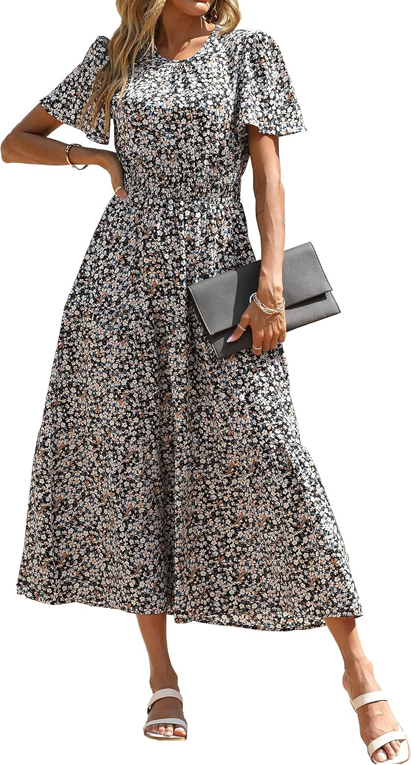 PRETTYGARDEN Women's Summer Casual Short Flutter Sleeve Round Neck Smocked Waist Tiered Boho Flor... | Amazon (US)