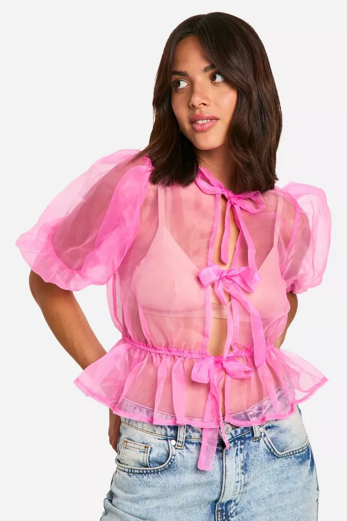 Organza Tie Front Puff Sleeve Top | boohoo (US & Canada)