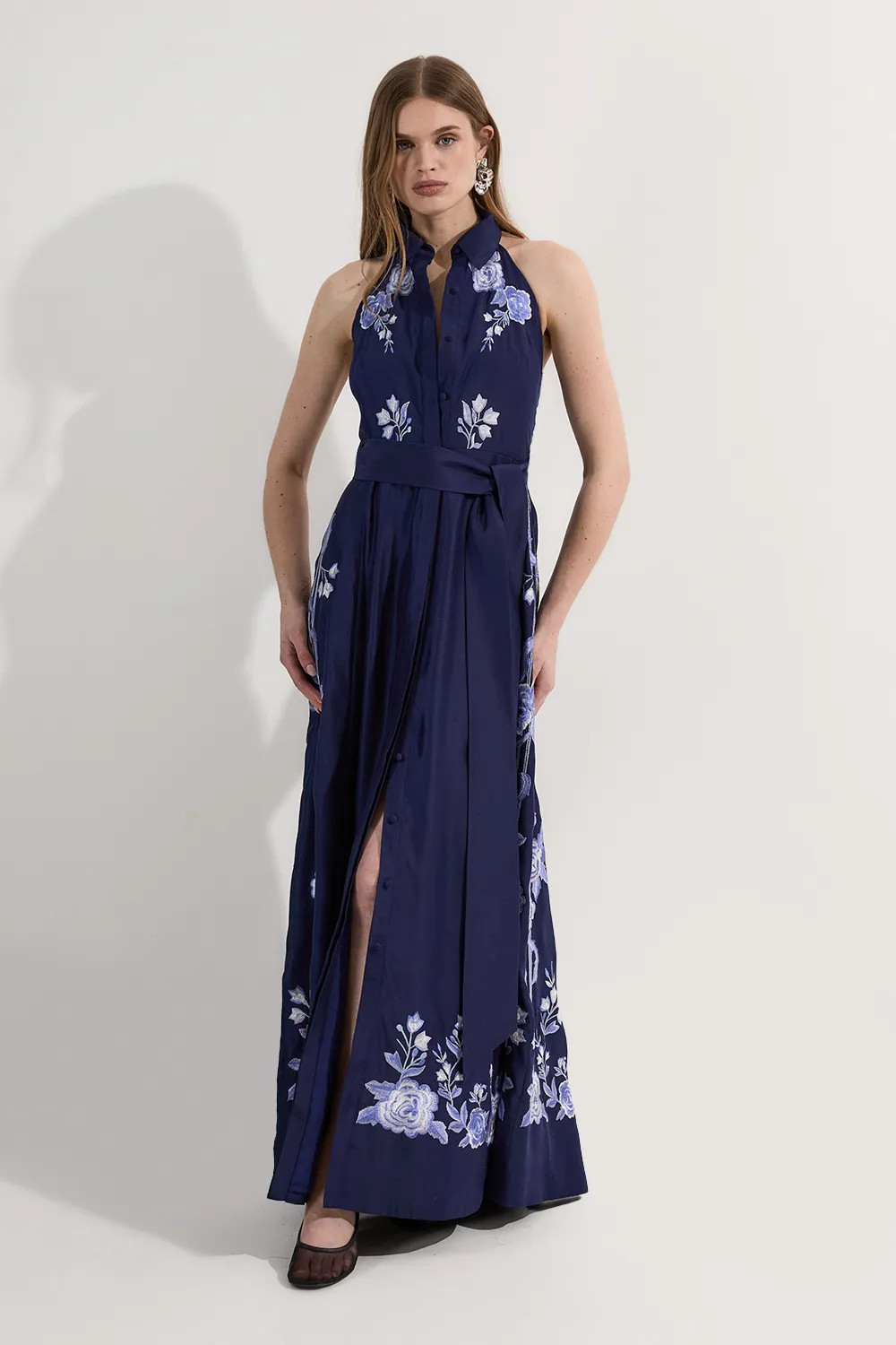 Navy Petite Rose Embroidered Voile Midi Halter Dress | Karen Millen USA | Karen Millen US