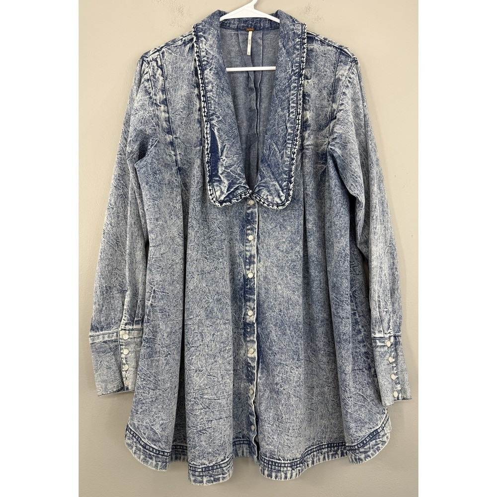 Free People Charlie Denim Shirt Dress Tunic Women's Medium Pearl Snap | Poshmark