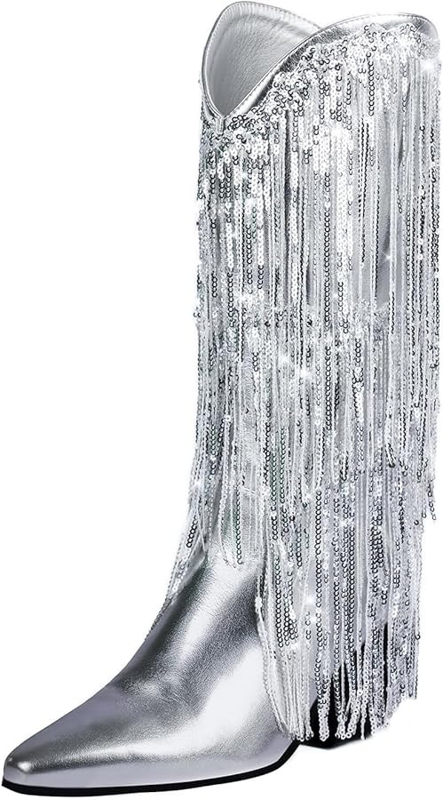 Fringe Cowboy Boots for Women Metallic Cowgirl Sparkly Sequin Mid Calf Chunky Heel Pointed Toe Bo... | Amazon (US)