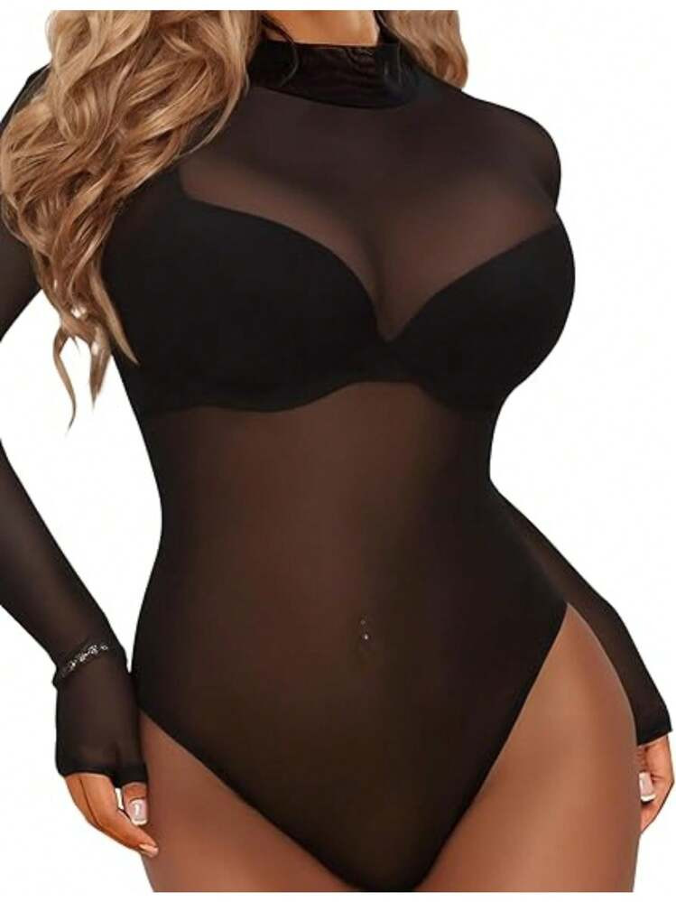 Ladies' Long Sleeve Mesh Bodysuit, Transparent Mesh Top, Round Neck See-Through Tight Bodysuit Wi... | SHEIN