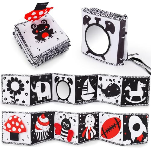 Black and White High Contrast Toys for Baby 0-3 3-6 months Infant Tummy Time Soft Book Sensory Musical Toy 0-2-4-6 month Babies Brain Development Crinkle Book Mirror Newborn Easter Basket Stuffer | Amazon (US)