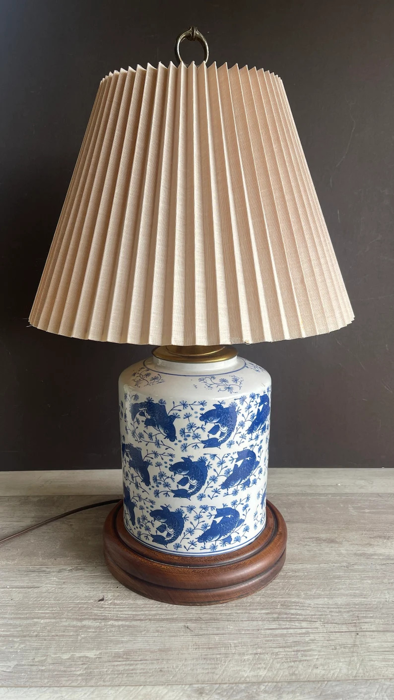 Vintage Lamp Blue and White Porcelain Asian Chinoiserie Koi Table Lamp Stiffel Pleated Shade - Et... | Etsy (US)