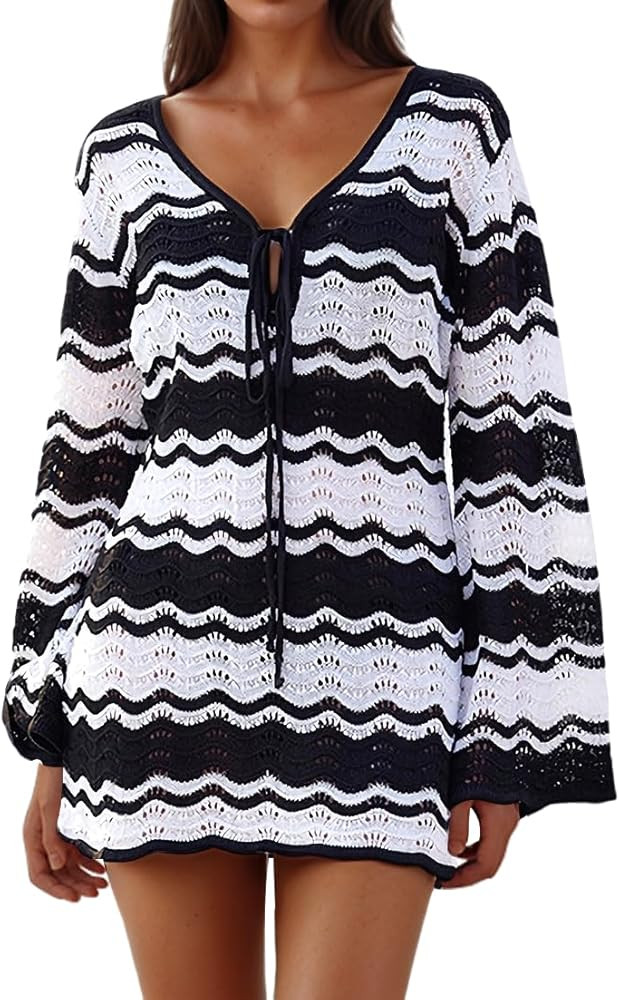 Eomenie Women Crochet Swim Cover Up Summer Bathing Suit Hollow Out Long Sleeve Dress Coverup Mesh... | Amazon (US)